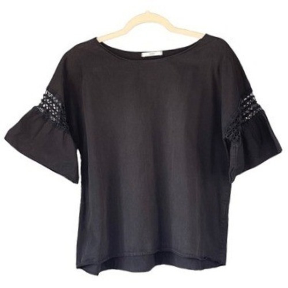 T7 BLESS Top Crochet Lace Bell Sleeve Black Faded Grunge Goth Lattice Blouse
